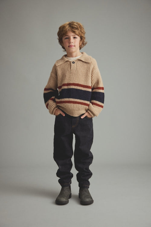 Light Tricot Knit Striped Polo Sweater - Stone