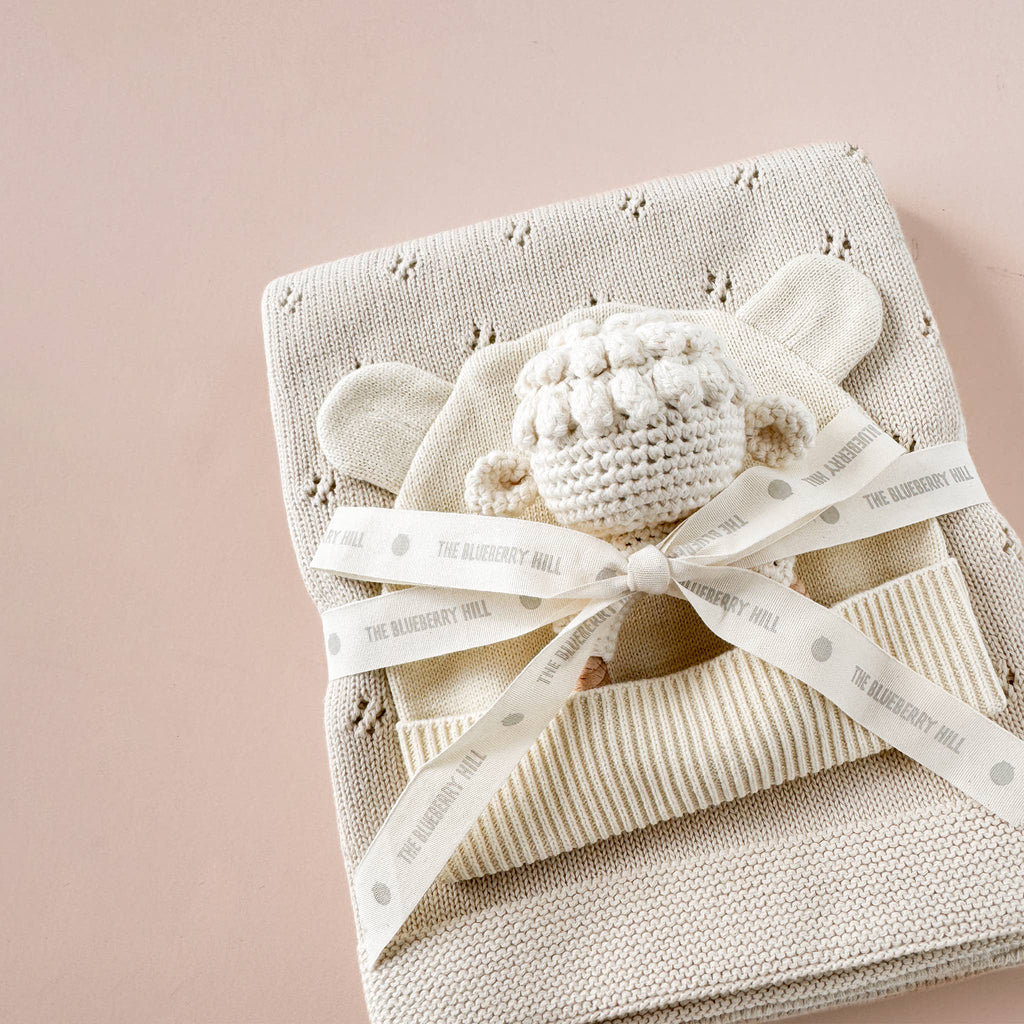 Pique Blanket, Hat, and Lamb Rattle Baby Gift