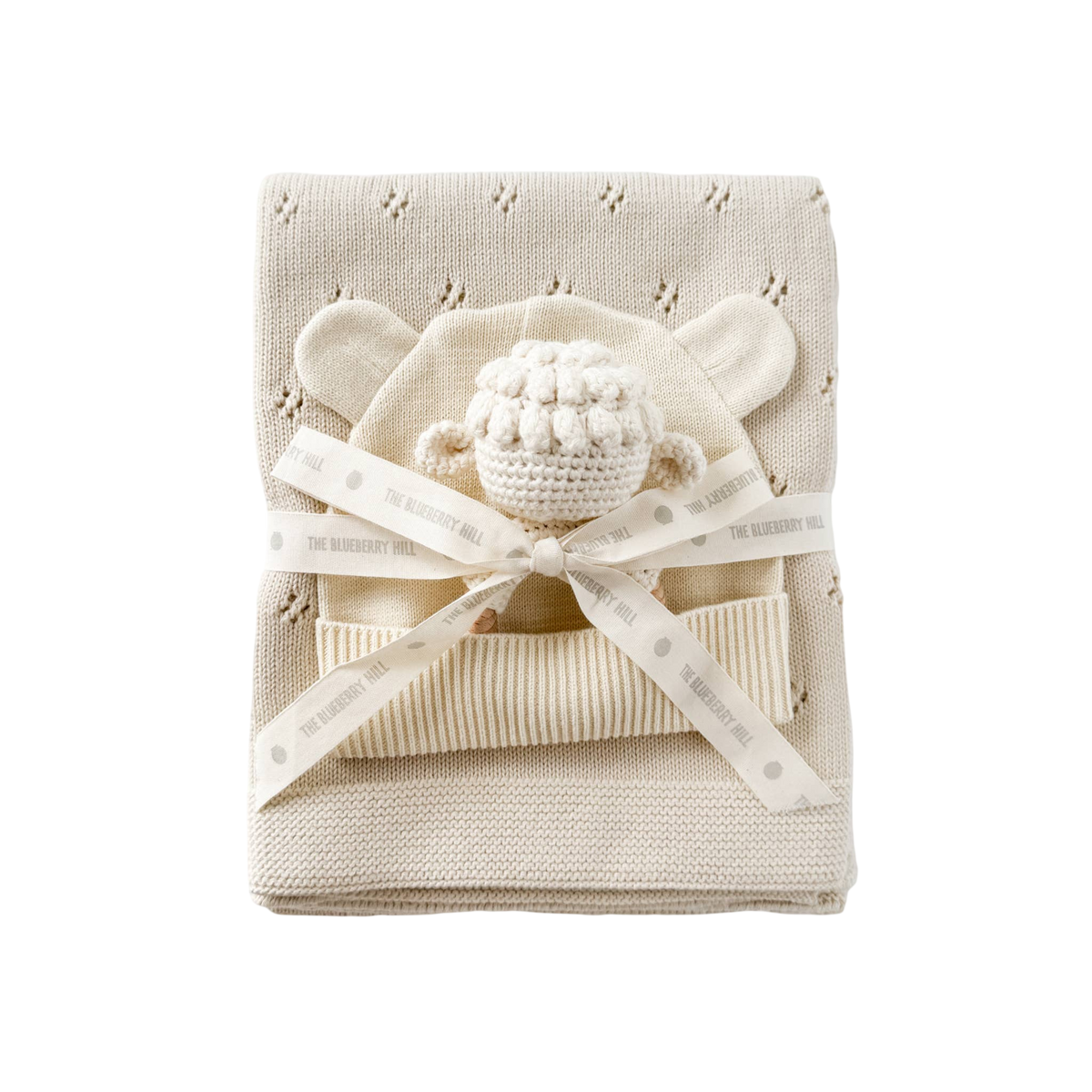 Pique Blanket, Hat, and Lamb Rattle Baby Gift